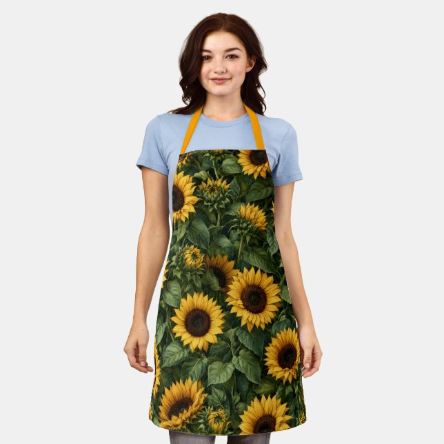 Realistische Sonnenblumen-Botanik-Kunst Schürze (Getragen)
