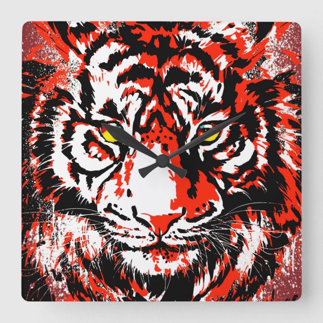 Realistischer Red Tiger Head - Red Tiger Clock Quadratische Wanduhr (Vorderseite)