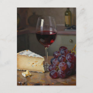 Realistischer Rotwein-Käse-Trauben-Stillleben Postkarte