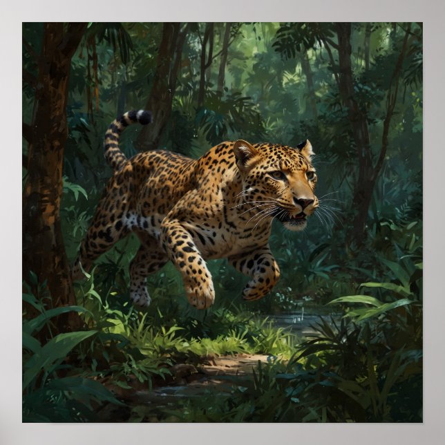 Realistischer Running Leopard im Dschungel Poster (Vorne)