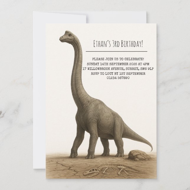 Realistischer Sauropode-Dinosaurier mit Fossilien  Einladung (Vorderseite)