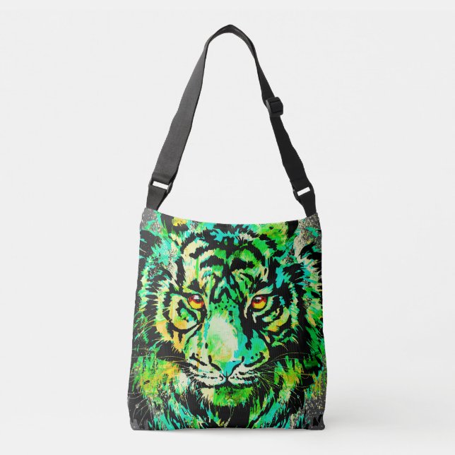 Realistischer Tiger - Grüner Tiger Kopf Zeichnend Tragetaschen Mit Langen Trägern (Vorderseite)