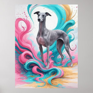 Realistischer Windhund mit Neonfarbenhintergrund Poster