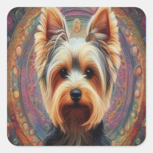 Realistischer Yorkshire Terrier Hund Bunter Rand Quadratischer Aufkleber