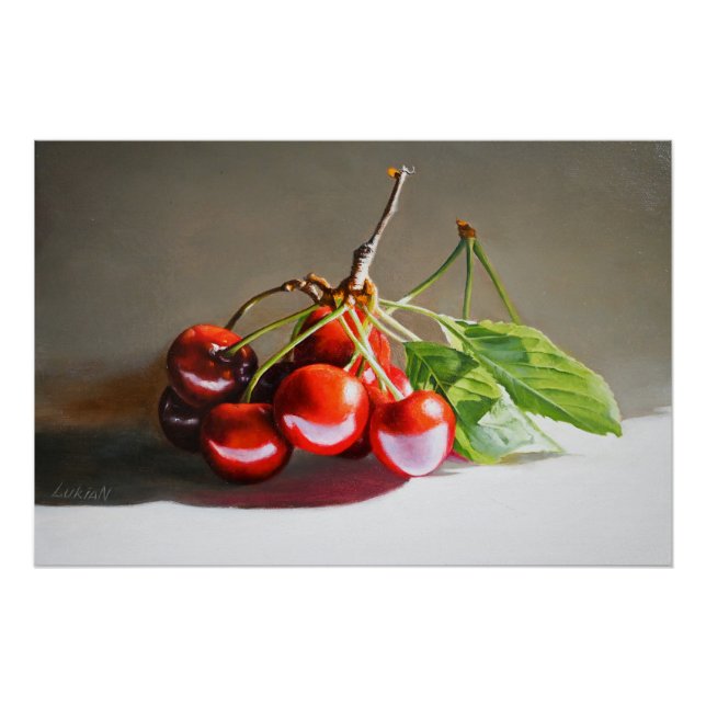 Realistisches Cherry Still Life mit Blätter Kunst Poster (Vorderseite)