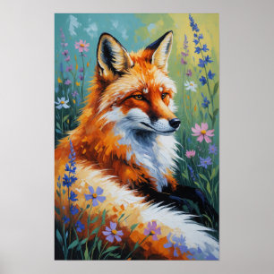 Realistisches Fuchsporträt in floraler Wiesenlands Poster