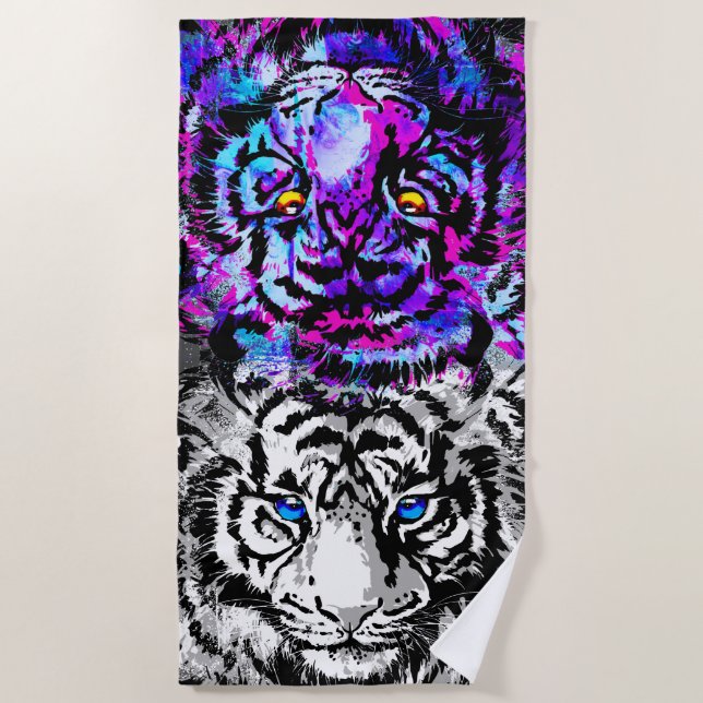Realistisches graues Lila Tiger Heads Beach Handtu Strandtuch (Vorderseite)