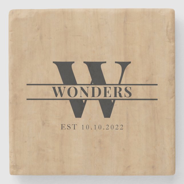 Realistisches helles Holzmaserung-Monogramm-Hochze Steinuntersetzer (Vorderseite)