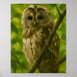Realistisches Owl Malen in der Waldlandschaft Poster