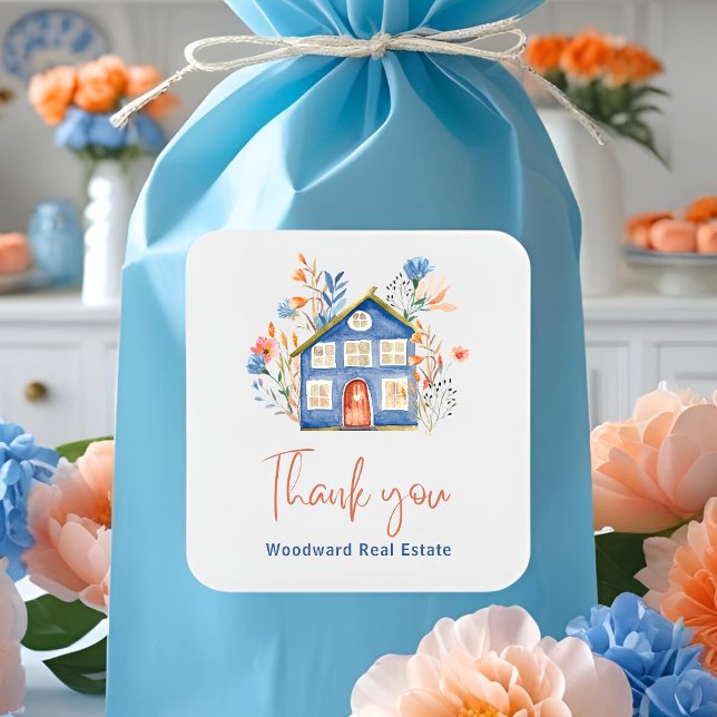 Realtor Danke | Sweet Watercolor House Blume Quadratischer Aufkleber (Von Creator hochgeladen)