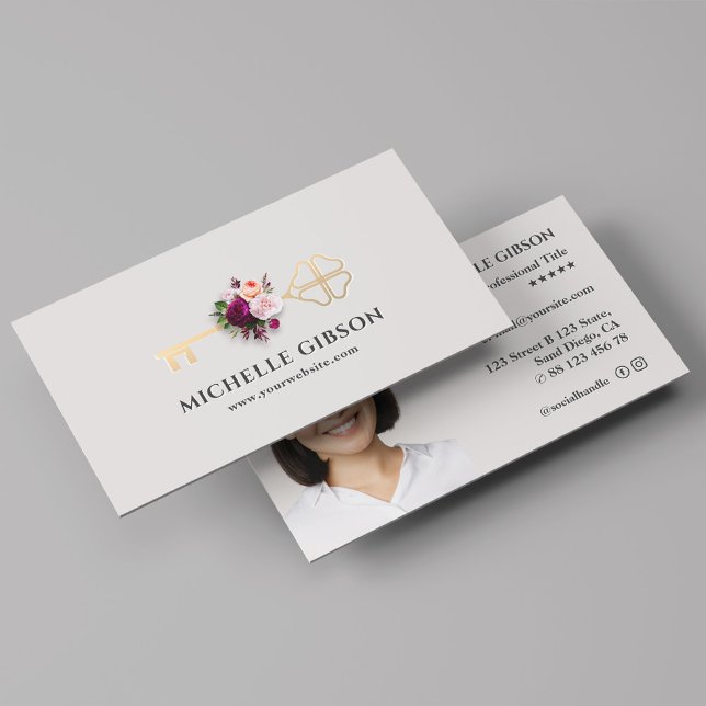 Realtor Floral Gold Key Hypothekenmakler Grau Visitenkarte (Realtor Floral Gold Key Mortgage Broker Light Grey Business Card
)