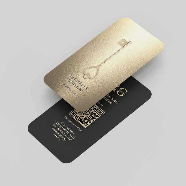Realtor Imitats Gold Key Elegante Moderne Monogram Visitenkarte (Realtor Black Gold Key Elegant Modern Monogram Business Card
)