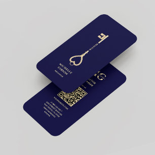 Realtor Midnight Blue Gold Key Monogram Modern Visitenkarte