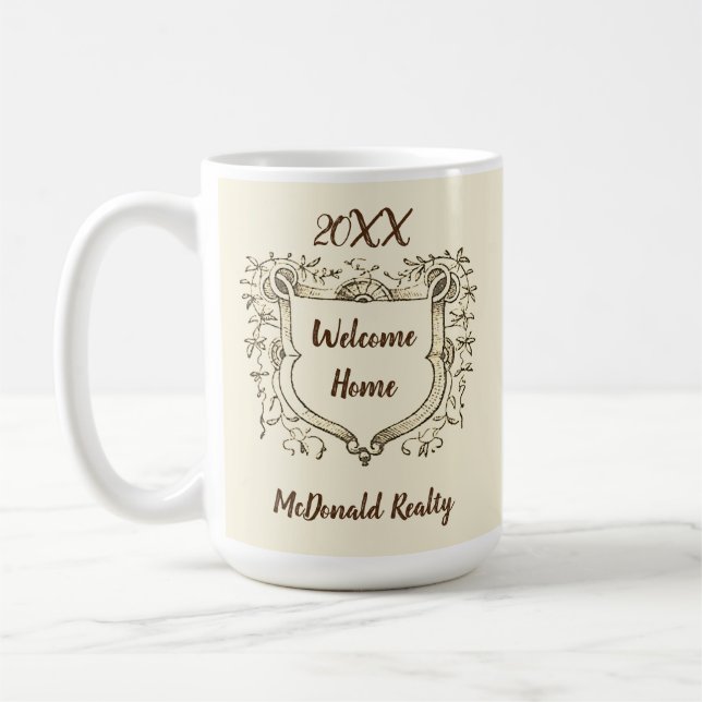 Realtor Werbeaktion Vintag Shield Willkommens-Zuha Kaffeetasse (Links)