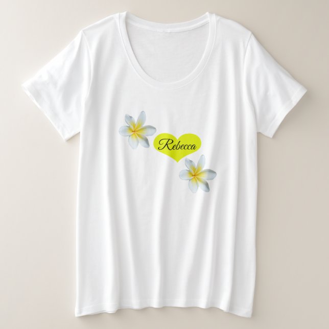 Rebecca, Name mit Frangipanis und Herz der Liebe, Große Größe T-Shirt (Design vorne)
