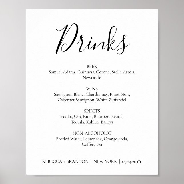 Rebecca Simple Calligraphy Drinks Wedding Sign Poster (Vorne)