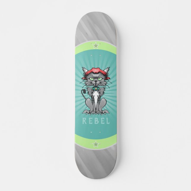 Rebel Cat Design Graue, Aquamarine und Limettengrü Skateboard (Vorne)