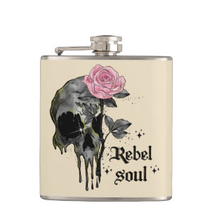 Rebel-Soul - Gothischer Schädel mit rosa Rose Flachmann