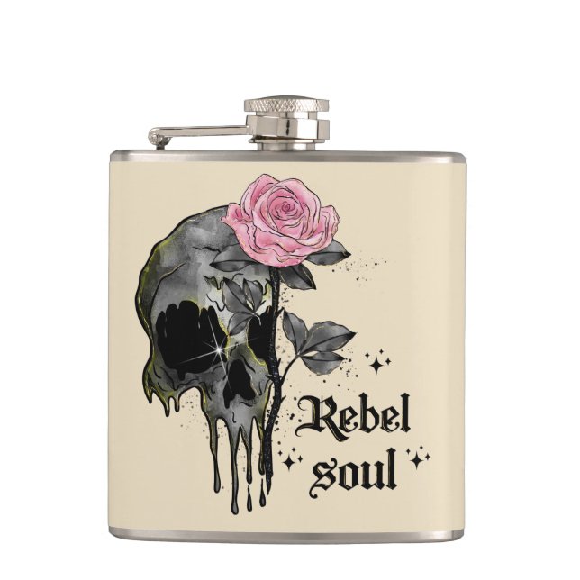 Rebel-Soul - Gothischer Schädel mit rosa Rose Flachmann (Vorderseite)