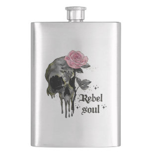 Rebel-Soul - Gothischer Schädel mit rosa Rose Flachmann