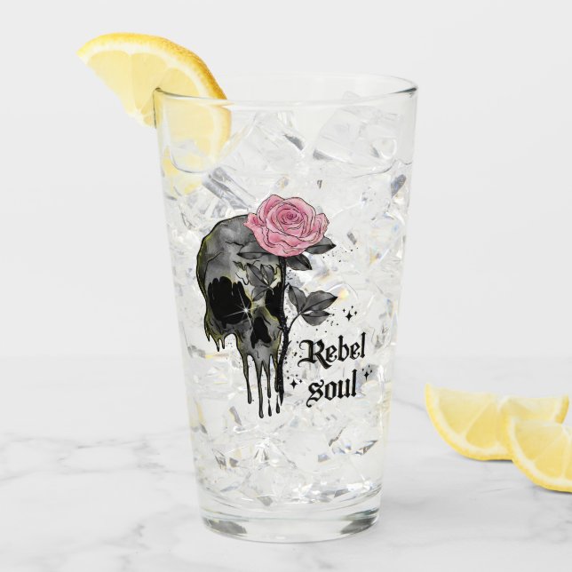 Rebel-Soul - Gothischer Schädel mit rosa Rose Glas (Vorderseite Ice)
