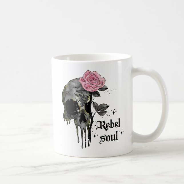 Rebel-Soul - Gothischer Schädel mit rosa Rose Kaffeetasse (Rechts)