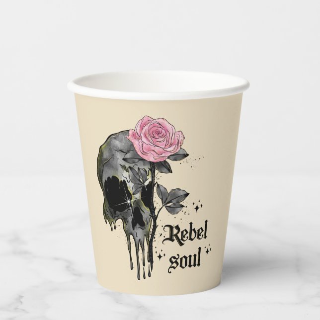 Rebel-Soul - Gothischer Schädel mit rosa Rose Pappbecher (Vorderseite)