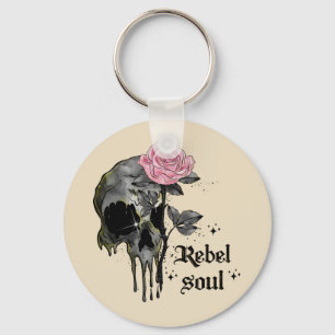 Rebel-Soul - Gothischer Schädel mit rosa Rose Schlüsselanhänger