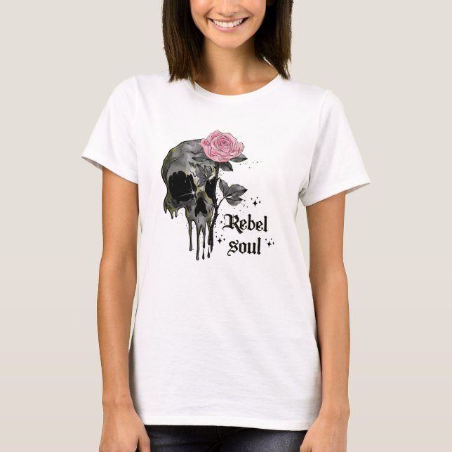 Rebel-Soul - Gothischer Schädel mit rosa Rose T-Shirt (Vorderseite)
