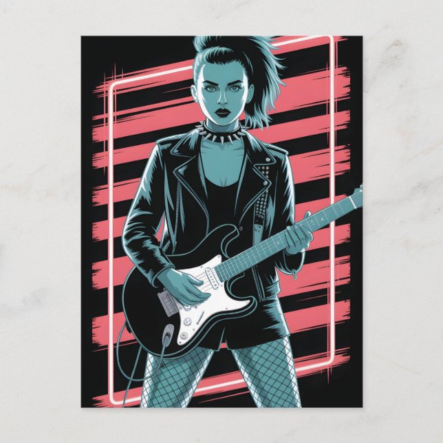 Rebellious Rock Star: Female Guitarist in Leather  Postkarte (Vorderseite)