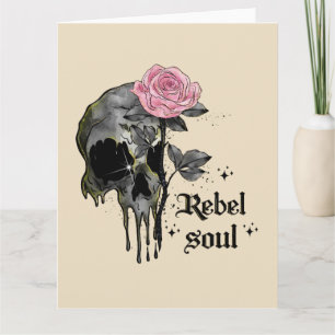 Rebellische Seele - Gothic Schädel mit rosa Rose Karte