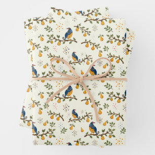 Rebhuhn im Birnbaum Handgezeichnetes Vogel-Muster Geschenkpapier Set