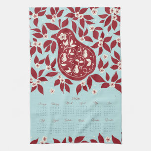 Rebhuhnbirnbaum-Kalender 2026 - Cranberry Geschirrtuch