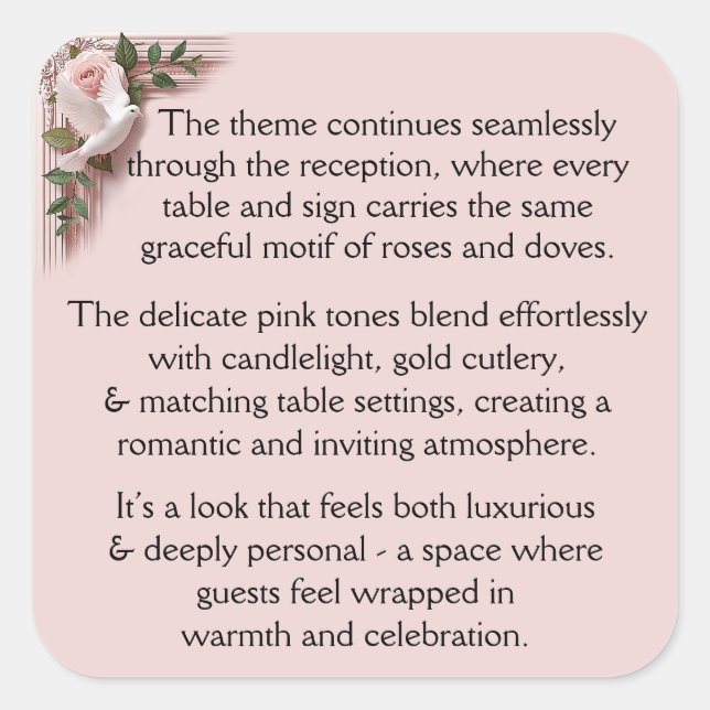 Reception Ceremony -  Pink Roses & Doves Quadratischer Aufkleber (Vorderseite)