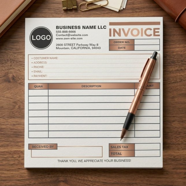 Rechnung Vorlagentemplate für Unternehmen mit indi Notizblock (printed business sales tracker, company logo receipt book, modern minimalist invoice notepad, pro)