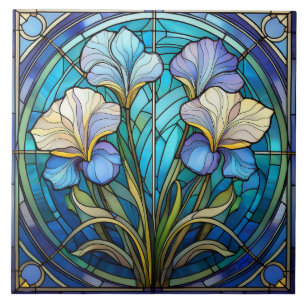 Rechte Floral Iris Art Nouveau Blue Green Retro Fliese