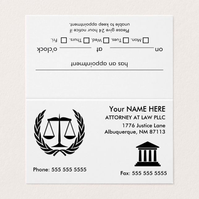Rechtsanwalt Weiße Ernennung Visitenkarten (Außenseite Aufgefaltet)