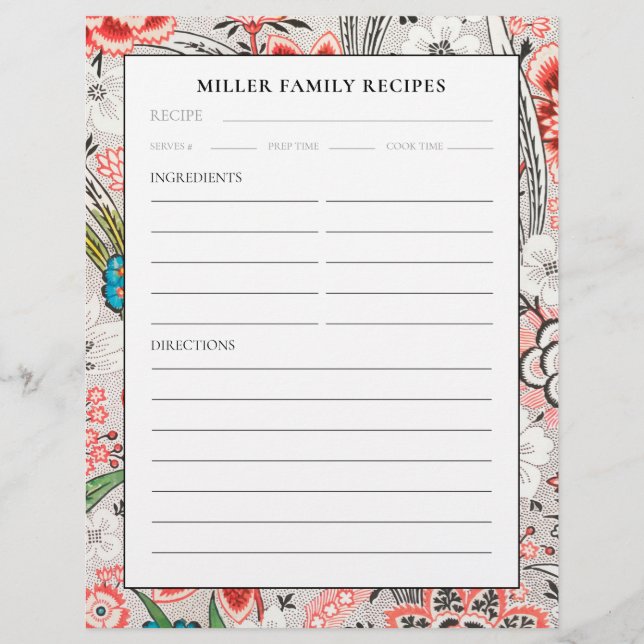 Recipe Binder Page | Familienname | Elegant floral (Vorderseite)