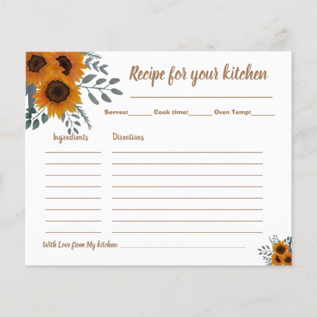 Recipe Card Brautparty Sonnenblumen Grüne Flyer (Vorne)