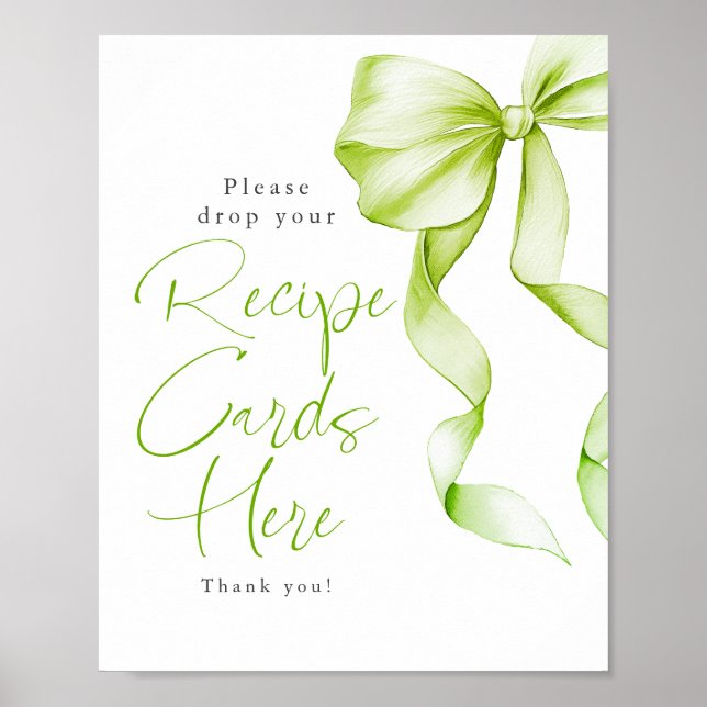 Recipe Cards Sage Green Bow Bridal Shower Sign Poster (Vorne)