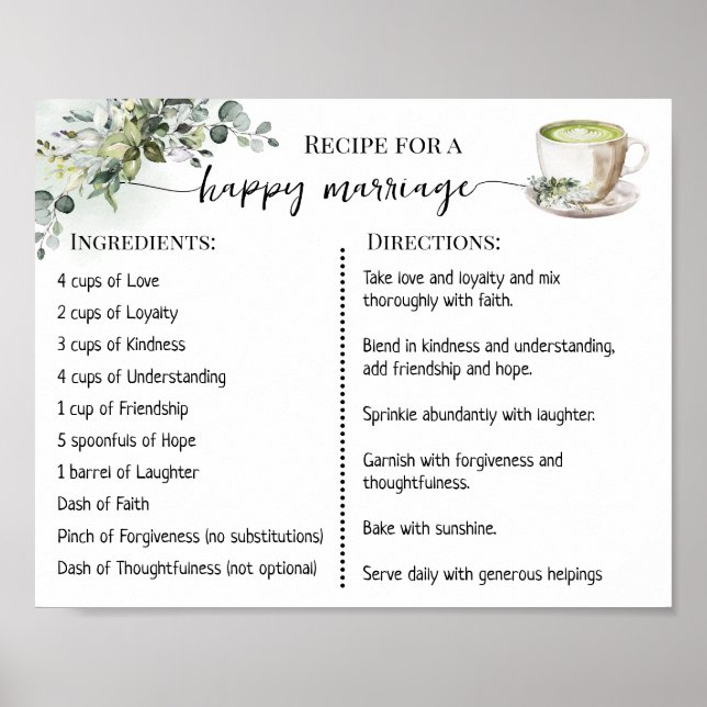 Recipe for a Happy Marriage Greenery Matcha Poster (Vorne)