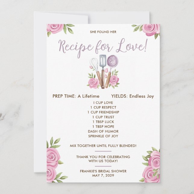 Recipe for Love Bridal Shower Favor Cards Einladung (Vorderseite)
