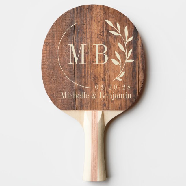Reclaimed Wood Leaf Wedding Monogram Tischtennis Schläger (Rückseite)