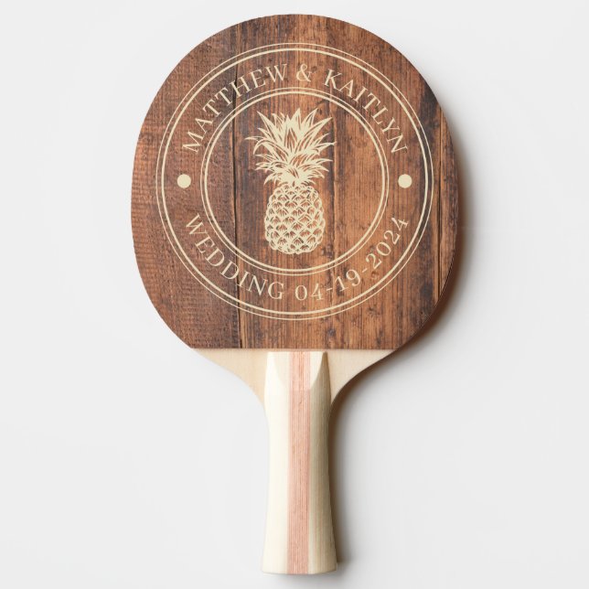 Reclaimed Wood Pineapple Wedding Crest & Names Tischtennis Schläger (Rückseite)
