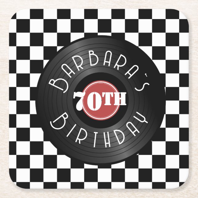 Record Player Rock N Roll Themed Birthday Party Rechteckiger Pappuntersetzer (Vorderseite)