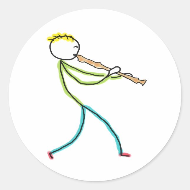 Recorder Playing Stickman Runder Aufkleber (Vorderseite)