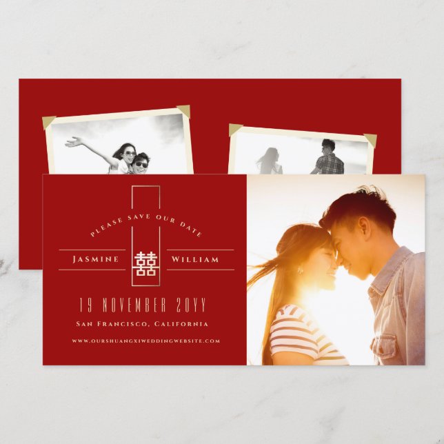 Rectangle Double Happiness Chinese Wedding Foto Save The Date (Vorne/Hinten)