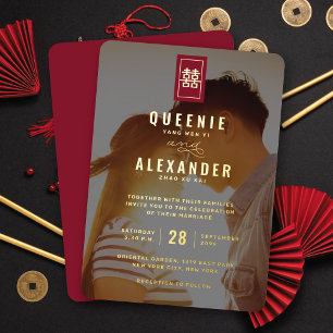 Rectangle Double Happiness Foto Chinesische Hochze Folieneinladung