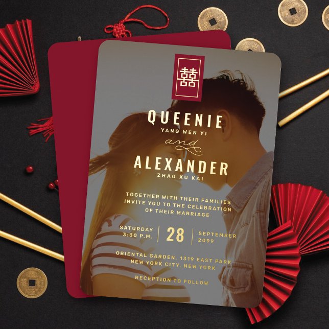 Rectangle Double Happiness Foto Chinesische Hochze Folieneinladung (Gold/Red Simple Rectangle Double Happiness Minimalist Chinese Wedding Real Foil Photo Invitation)