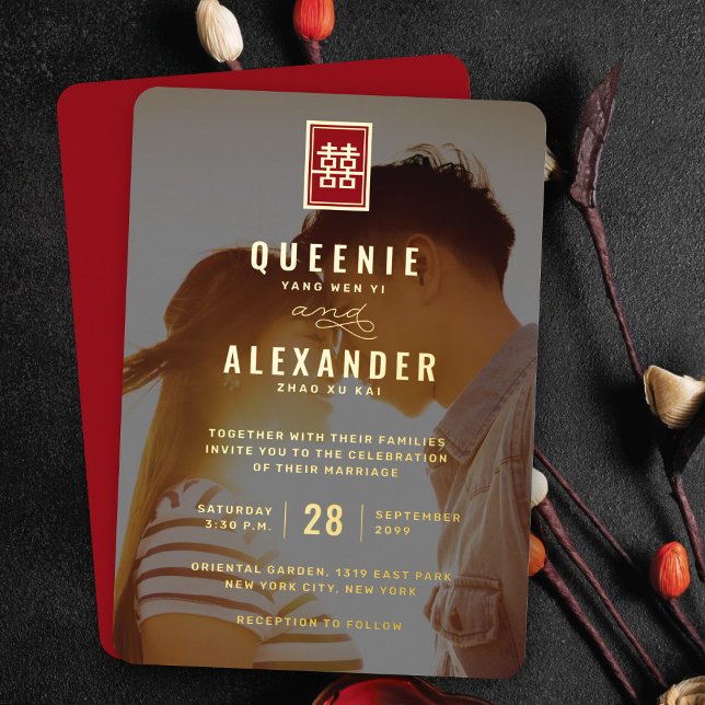 Rectangle Double Happiness Foto Chinesische Hochze Folieneinladung (Red/Gold Classic Rectangle Double Happiness Modern Chinese Wedding Real Foil Photo Invitation)